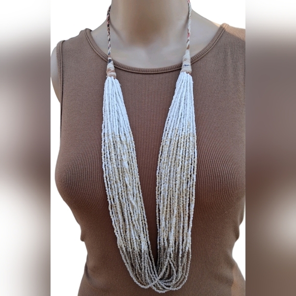 Vintage Jewelry - Vintage Ombre Seed Bead Multi-Strand Statement Necklace Boho Neutral